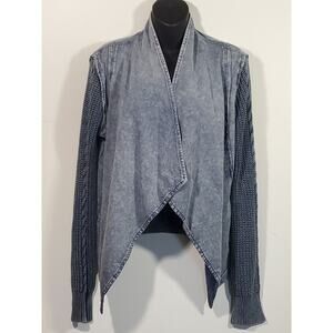 Natural Reflections S Blue Chambray Cable Knit Sleeves Asymmetrical Hem Jacket